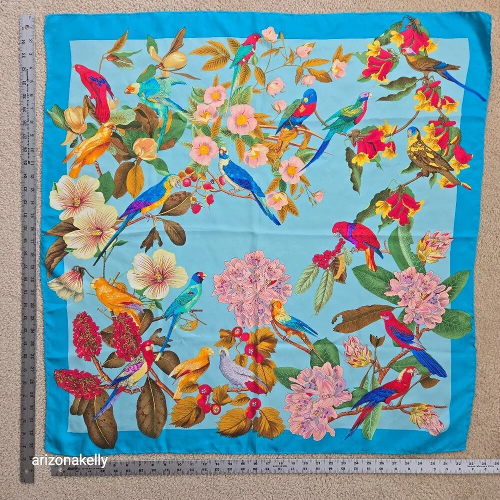 Vintage Silk Scarf Parrots Bird Hand Rolled Edges